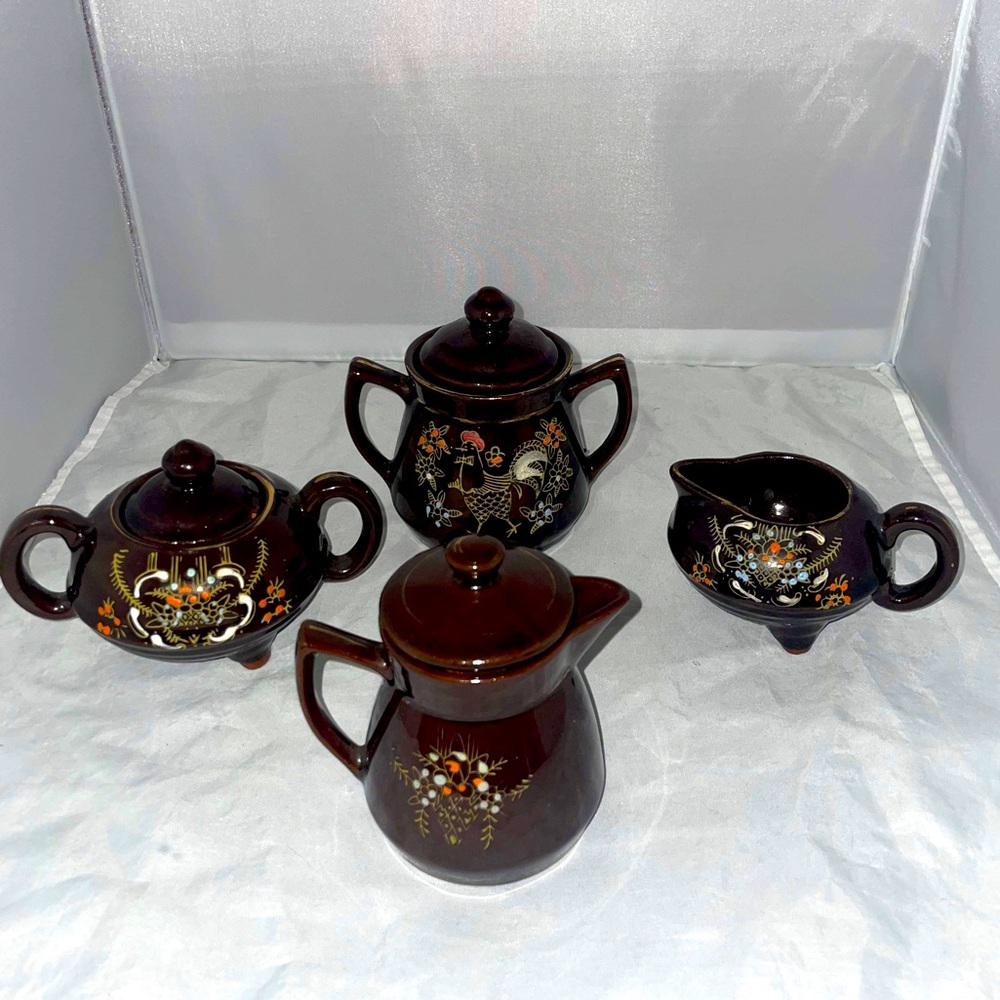 Vintage Japanese Redware hand painted Brown Betty sugar creamer sets jam jar